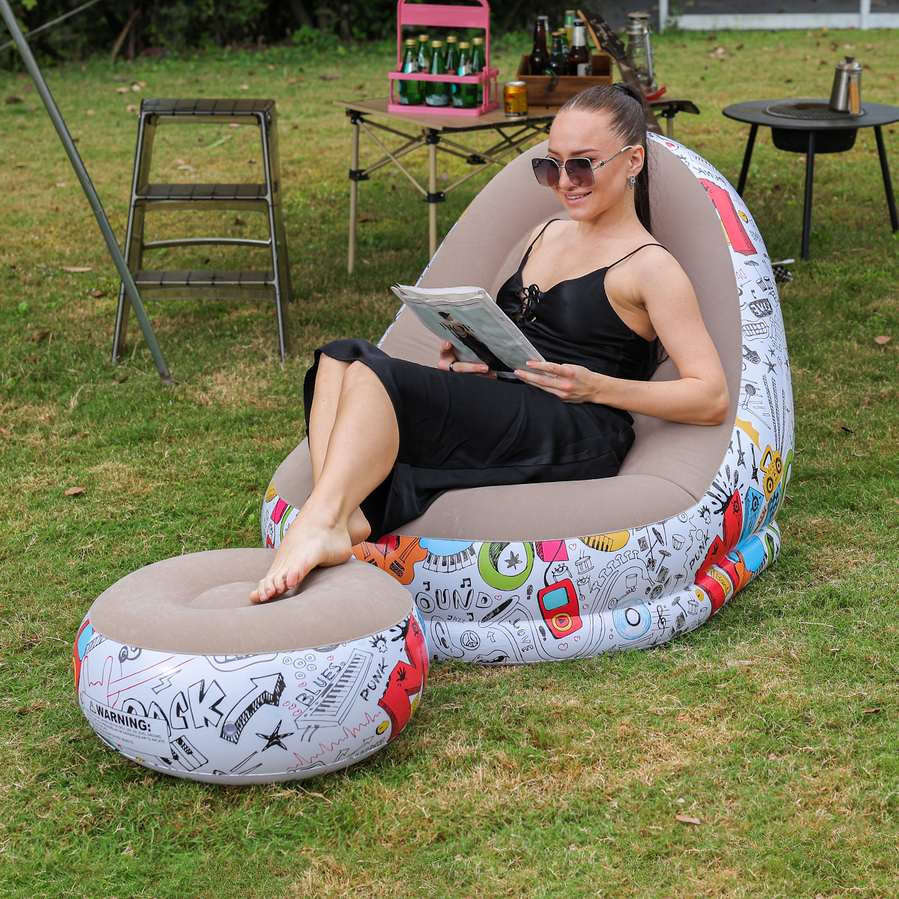 Outdoor Furniture Lounge - 1PC Inflatable Lounger Chair with Ottoman,