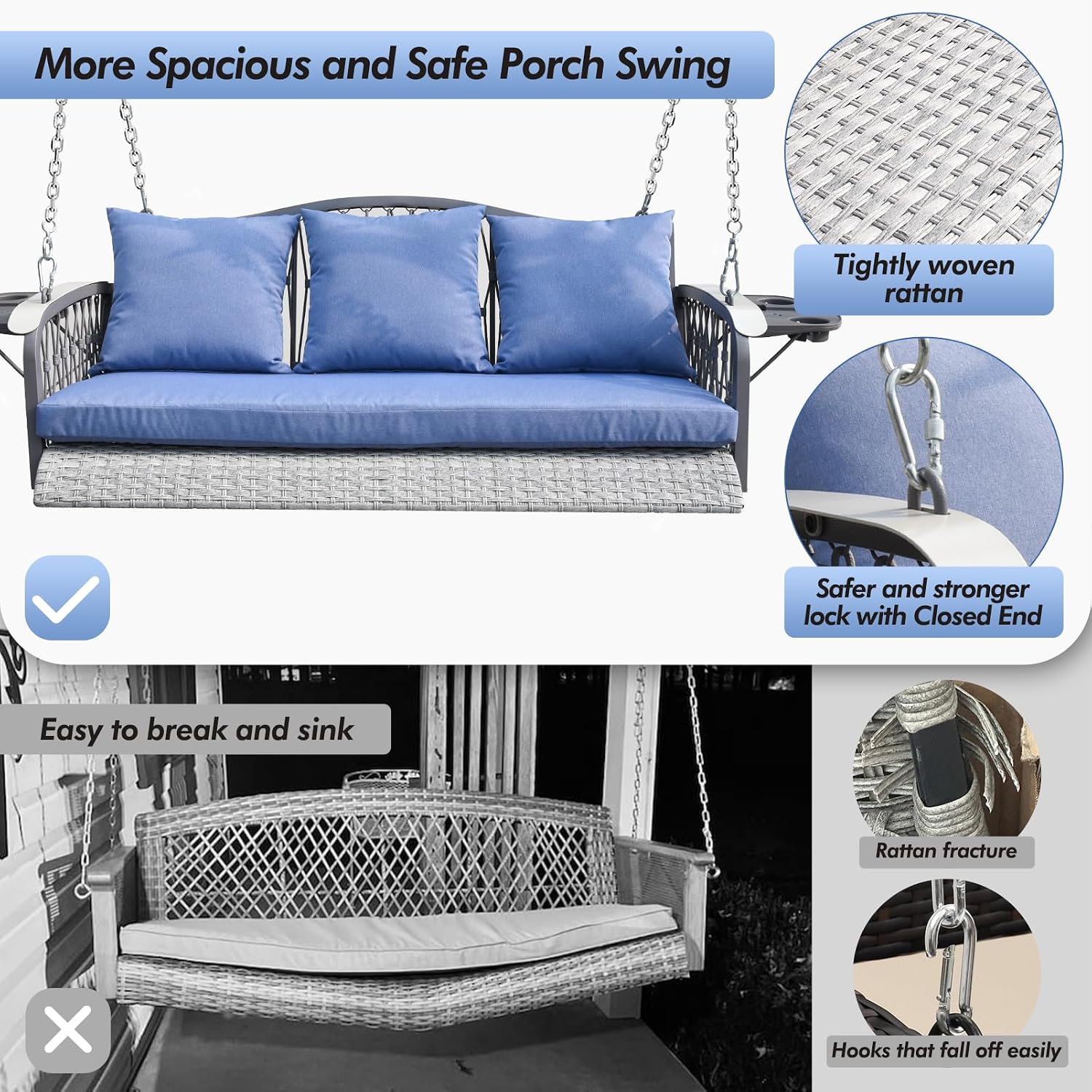 Three Seat Wicker Porch Swing  – Outdoor Furniture Grey Bewertung und Preis